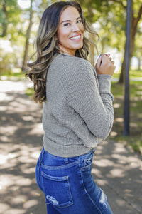 Khaki Wrap V Neck Waffle Sweater