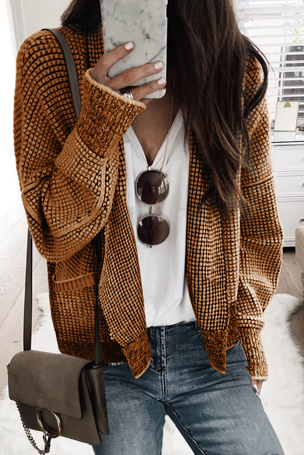 Brown Chunky Waffle Knit Oversized Collar Cardigan