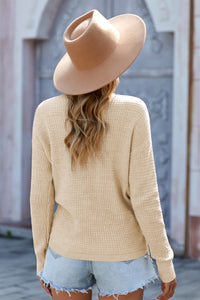 Khaki Wrap V Neck Waffle Sweater