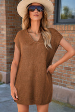 Load image into Gallery viewer, Camel Solid Color Short Sleeve Notched V Neck Sweater Dress