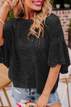 Load image into Gallery viewer, Black Pointelle Knit Scallop Edge Short Sleeve Top