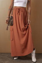 Load image into Gallery viewer, Chestnut Mineral Wash Cargo Pocket Drawstring Waist Maxi Skirt